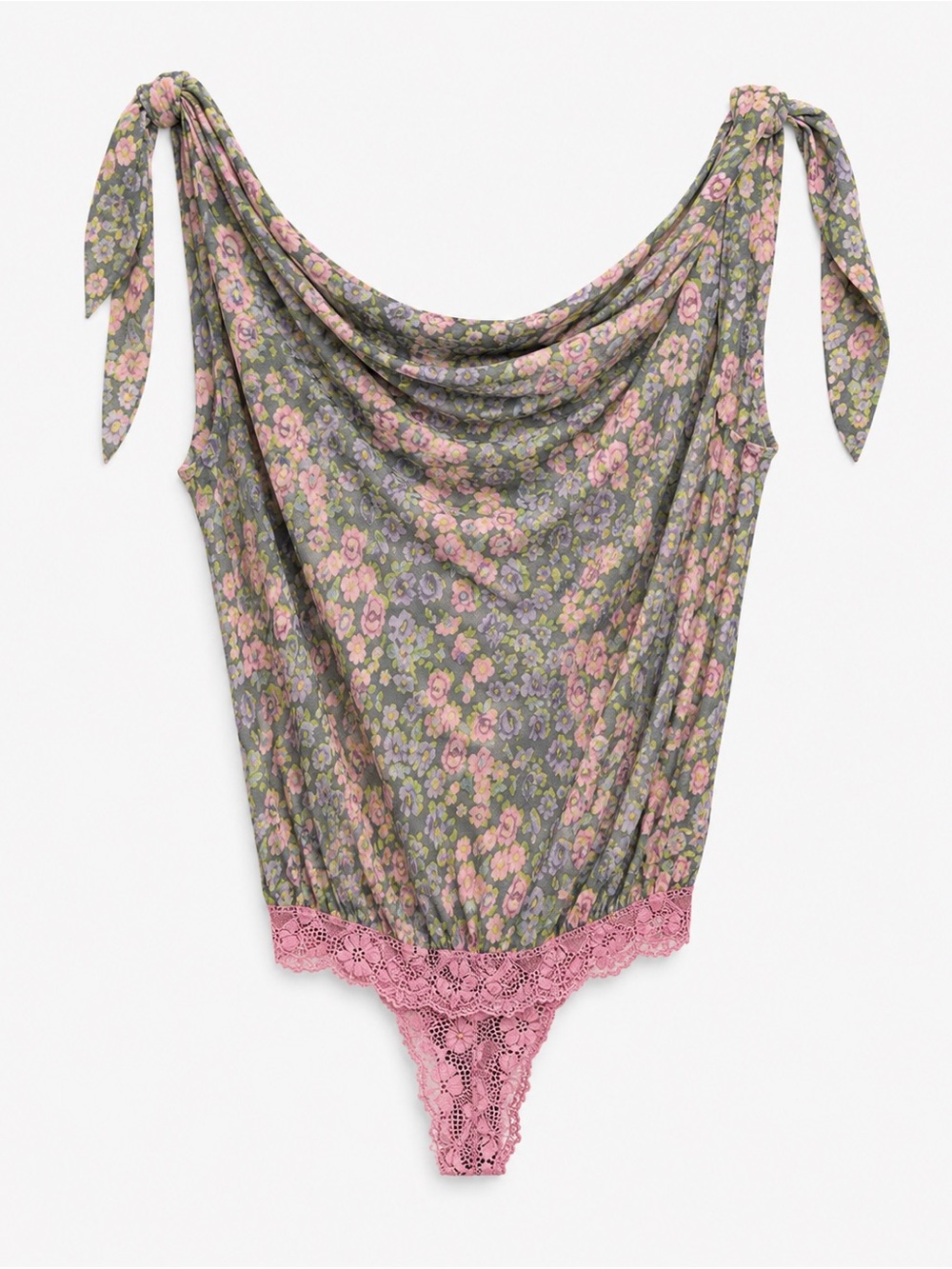Free People Bare It All Bodysuit Chambray Combo Floral Draped Boho Size S